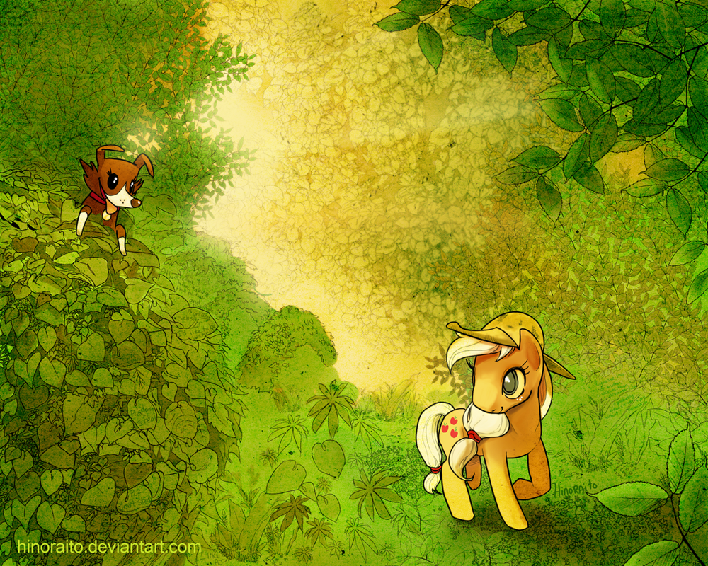 abstract_background ambiguous_gender applejack_(mlp) black_eyes blonde_hair brown_fur brown_nose bush canine collar cutie_mark dog equine eye_contact female feral friendship_is_magic fur green_background green_theme grey_eyes hair hat hinoraito horse leaves mammal my_little_pony orange_fur plain_background pony smile tongue tongue_out winona_(mlp)