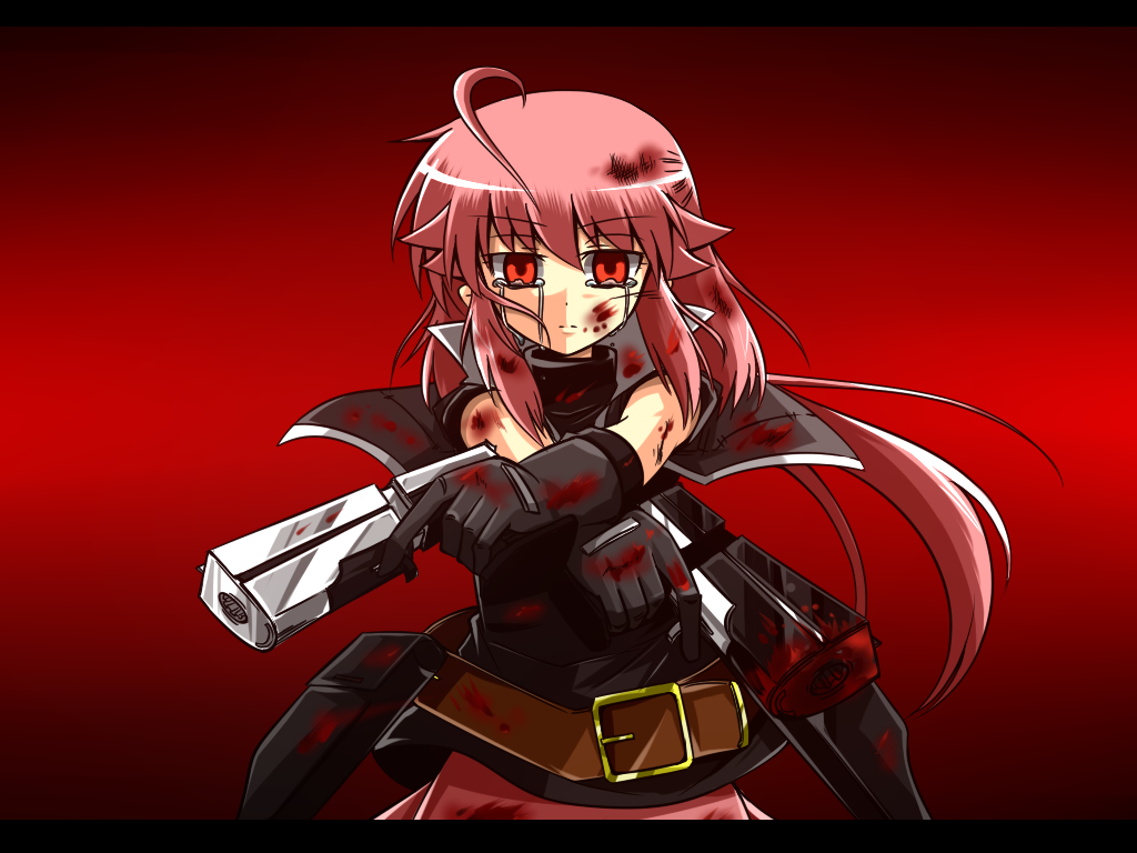 ahoge belt blood blood_on_face bloody_clothes bloody_hair crying crying_with_eyes_open dual_wielding empty_eyes gangsta_hold gloves gun handgun holding holster letterboxed long_hair pink_hair pistol pixiv_fantasia pixiv_fantasia_sword_regalia red red_eyes solo sora_no_amagumo tears upper_body weapon