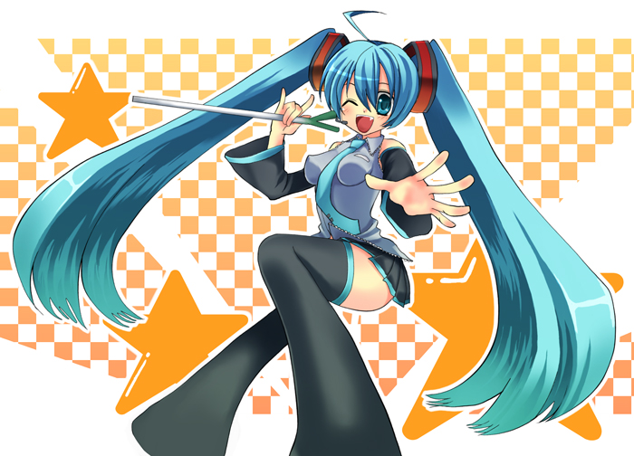 aqua_eyes aqua_hair bad_id bad_pixiv_id hatsune_miku long_hair solo spring_onion thighhighs twintails vocaloid yui_tooru