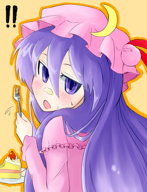 bad_id bad_pixiv_id cream daitai_konna_kanji eating face food food_on_face fork hat holding holding_fork long_hair patchouli_knowledge purple_hair ribbon solo sweets touhou