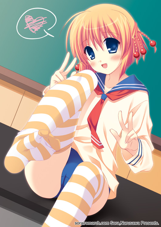 beads blue_eyes blush braid fang feet kanisawa_kinu narusawa_sora red_hair school_uniform solo striped striped_legwear thighhighs tsuyokiss v watermark