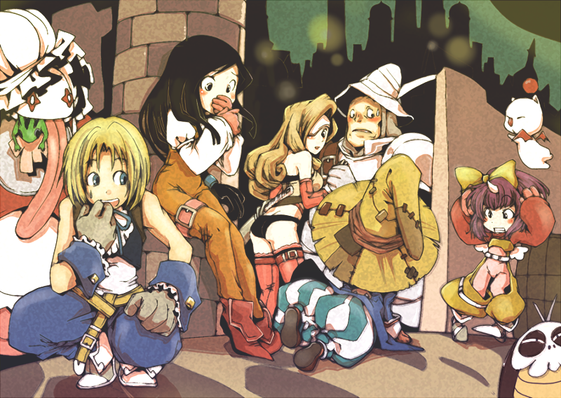 3girls adelbert_steiner beatrix blonde_hair blue_eyes bodysuit bow covering_mouth eiko_carol everyone final_fantasy final_fantasy_ix frog garnet_til_alexandros_xvii gloves hair_bow hand_over_own_mouth hat horn moogle mov multiple_boys multiple_girls oglop orange_bodysuit quina_quen vivi_ornitier yellow_bow zidane_tribal