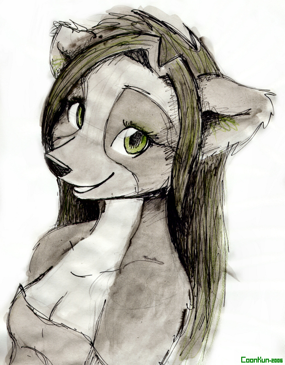 coonkun female green_eyes looking_at_viewer mammal raccoon sketch smile solo