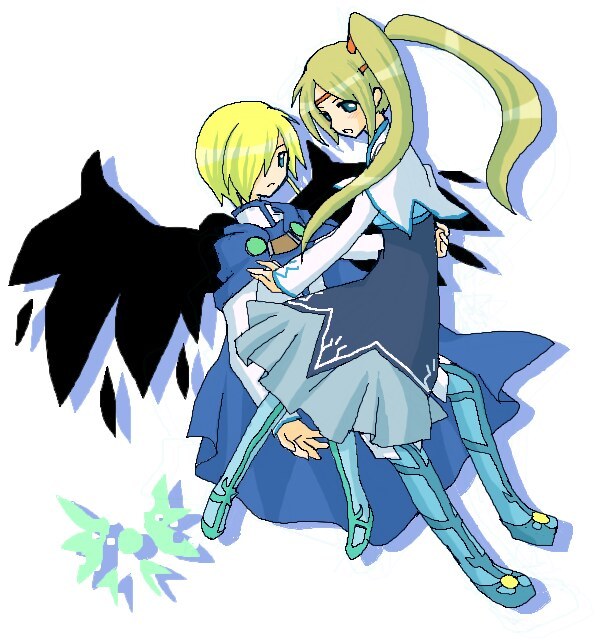 1boy 1girl blonde_hair blue_eyes breasts brown_hair cape capelet dress fenimore hair_over_one_eye long_hair pantyhose short_hair tales_of_(series) tales_of_legendia twintails walter_delques wings