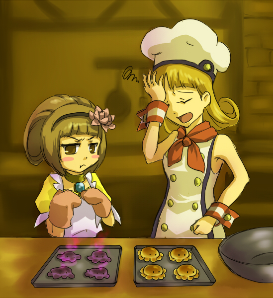 2girls apron bare_shoulders blush blush_stickers breasts brown_eyes brown_hair choker eyes_closed flower food hairband harriet_campbell hat long_hair mimi_bread multiple_girls open_mouth scarf tales_of_(series) tales_of_legendia