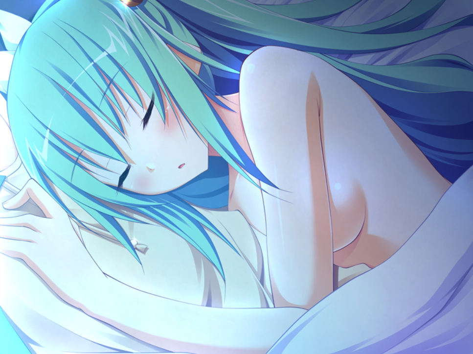 asleep blue_hair blush breasts eyes_closed ezekiel female long_hair lying nude osananajimi_wa_daitouryou sleeping solo