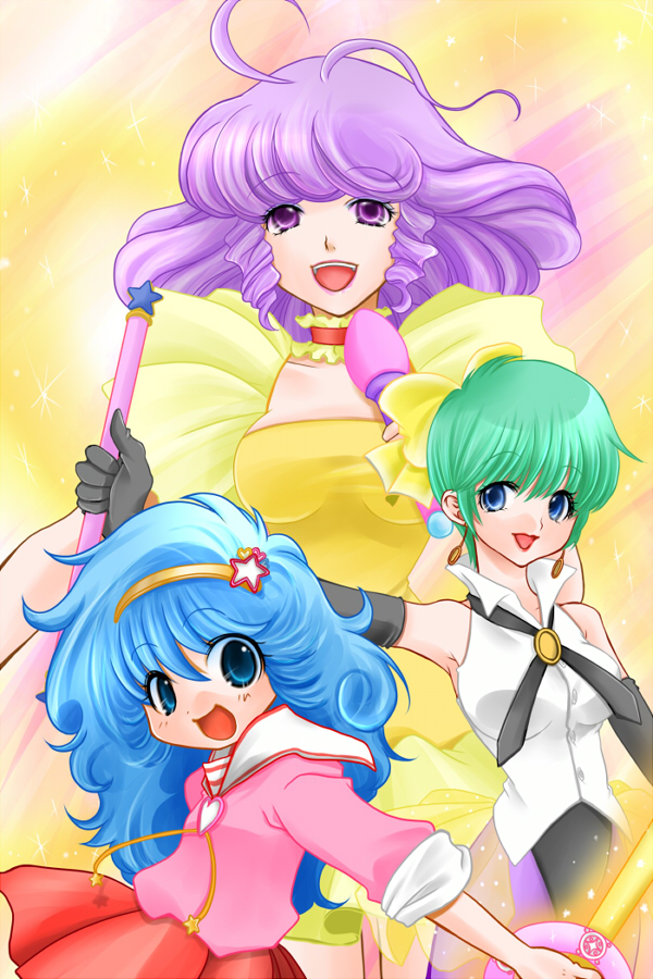 blue_eyes blue_hair bow company_connection creamy_mami crossover delpico earrings green_hair hairband idol jewelry kazuki_mai leotard long_hair magical_emi magical_girl mahou_no_star_magical_emi mahou_no_tenshi_creamy_mami mahou_no_yousei_persia microphone morisawa_yuu multiple_crossover multiple_girls necktie persia_(mahou_no_yousei_persia) purple_eyes purple_hair red_skirt short_hair skirt sleeves_rolled_up smile studio_pierrot very_short_hair wand yellow_bow yellow_leotard yellow_skirt