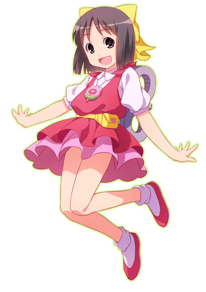 bare_legs bow brown_eyes brown_hair cosplay full_body hair_bow hanazono_yumi hanazono_yumi_(cosplay) mahou_no_idol_pastel_yumi nichijou sayousuke shinonome_nano shoes short_hair skirt smile solo white_background yellow_bow