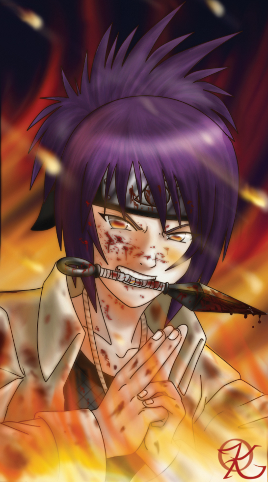 blood fire flames headband knife kynathel mitarashi_anko mouth_hold naruto purple_hair