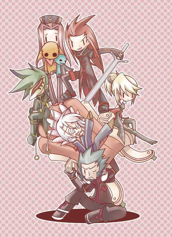 2girls 4boys arietta asch blonde_hair dist green_hair grey_hair largo legretta multiple_boys multiple_girls pink_hair red_hair sync tales_of_(series) tales_of_the_abyss white_hair