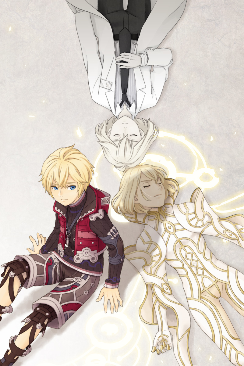 blonde_hair blue_eyes grey_hair hasekura highres klaus_(xenoblade) labcoat male_focus multiple_boys multiple_persona shorts shulk sleeping spoilers sword vest weapon xanthe xenoblade_(series) xenoblade_1