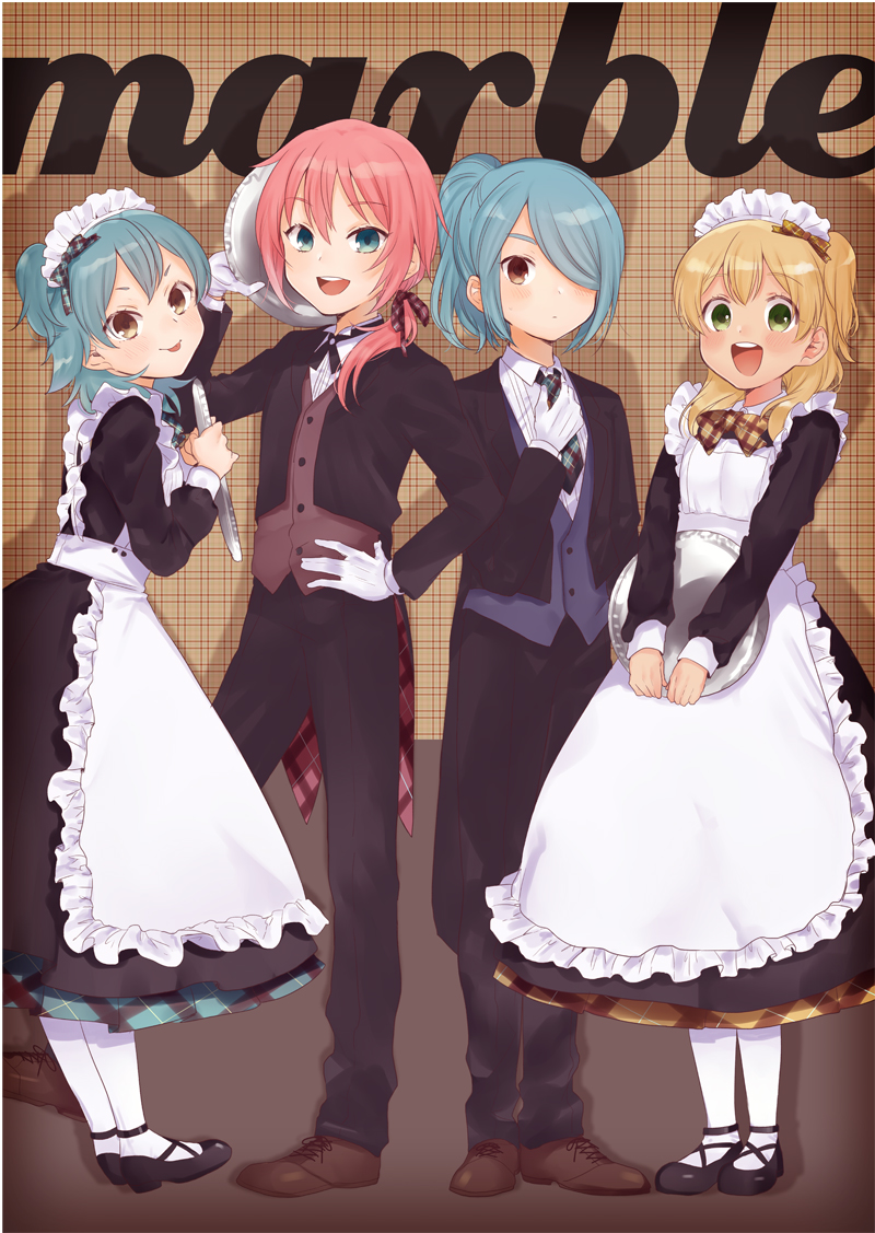 4boys alternate_costume apron blonde_hair blue_eyes blue_hair blush brown_eyes butler crossdressing dress enmaided green_eyes inazuma_eleven inazuma_eleven_(series) inazuma_eleven_go kariya_masaki kazemaru_ichirouta kirino_ranmaru looking_at_viewer maid maid_headdress male_focus miyasaka_ryou multiple_boys necktie one_side_up pink_hair ponytail smile tomo_(sjim) trap