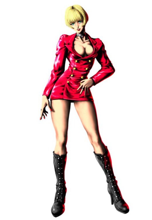 bare_legs blonde_hair bloody_roar bob_cut boots breasts choker cleavage contrapposto cross-laced_footwear green_eyes hand_on_hip jacket jenny_burtory knee_boots lace-up_boots large_breasts nail_polish no_pants official_art short_hair solo standing