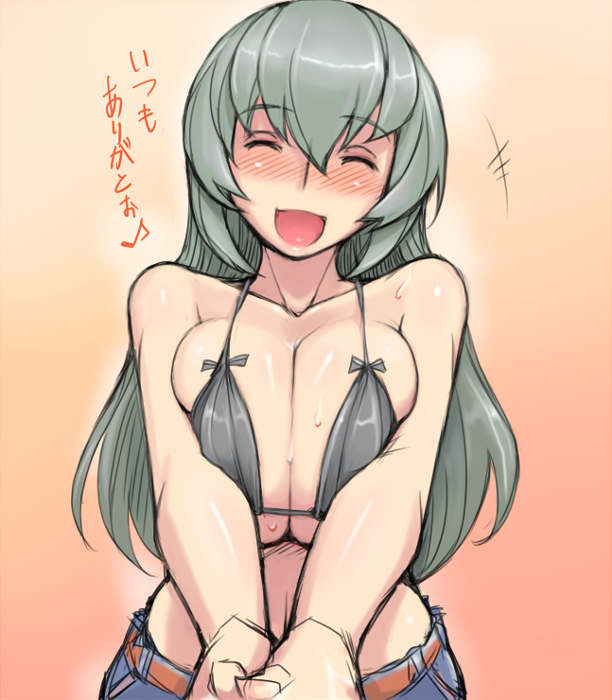 belt bikini_top blush breast_squeeze breasts cleavage closed_eyes denim eighth_note huge_breasts jeans long_hair musical_note older open_mouth pants rozen_maiden silver_hair smile solo suigintou sweat sweatdrop translated tsuda_nanafushi v_arms