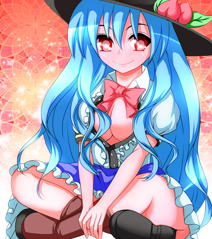 blue_hair blush bow breasts food frills fruit hat hinanawi_tenshi large_breasts leaf long_hair merry_(diameri) peach red_eyes short_sleeves smile solo touhou very_long_hair