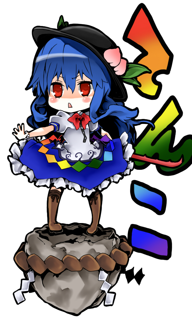 alternate_weapon blue_hair bow food frills fruit hat hinanawi_tenshi keystone koge-owl leaf long_hair open_mouth peach red_eyes rock rope short_sleeves solo sword sword_of_hisou touhou translated very_long_hair weapon wrist_cuffs