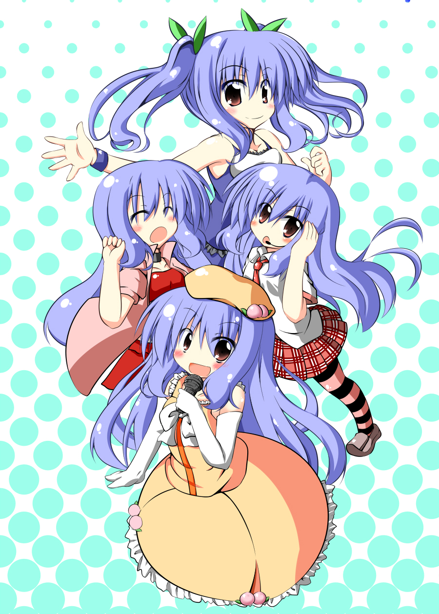 4girls alternate_hairstyle blue_hair blush brown_eyes choker closed_eyes collarbone contemporary food frills fruit gloves hat highres hinanawi_tenshi long_hair long_skirt looking_at_viewer microphone multiple_girls multiple_persona necktie open_mouth peach short_sleeves skirt sleeveless touhou twintails very_long_hair