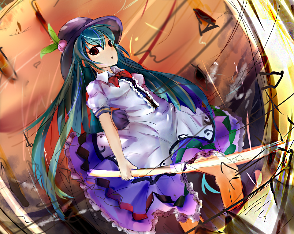 bad_id bad_pixiv_id bow dikko food frills fruit hat hinanawi_tenshi leaf long_hair long_skirt open_mouth peach red_eyes short_sleeves skirt solo sword sword_of_hisou touhou very_long_hair weapon