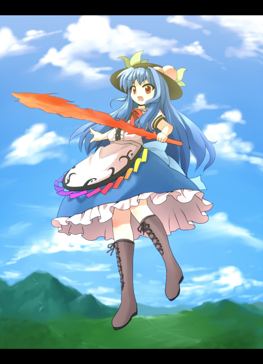 asyura7 bad_id bad_pixiv_id blue_hair bow cloud cross-laced_footwear d: day food frills fruit hat hill hinanawi_tenshi leaf letterboxed long_hair long_skirt mountain open_mouth peach red_eyes short_sleeves skirt sky solo sword sword_of_hisou touhou very_long_hair weapon