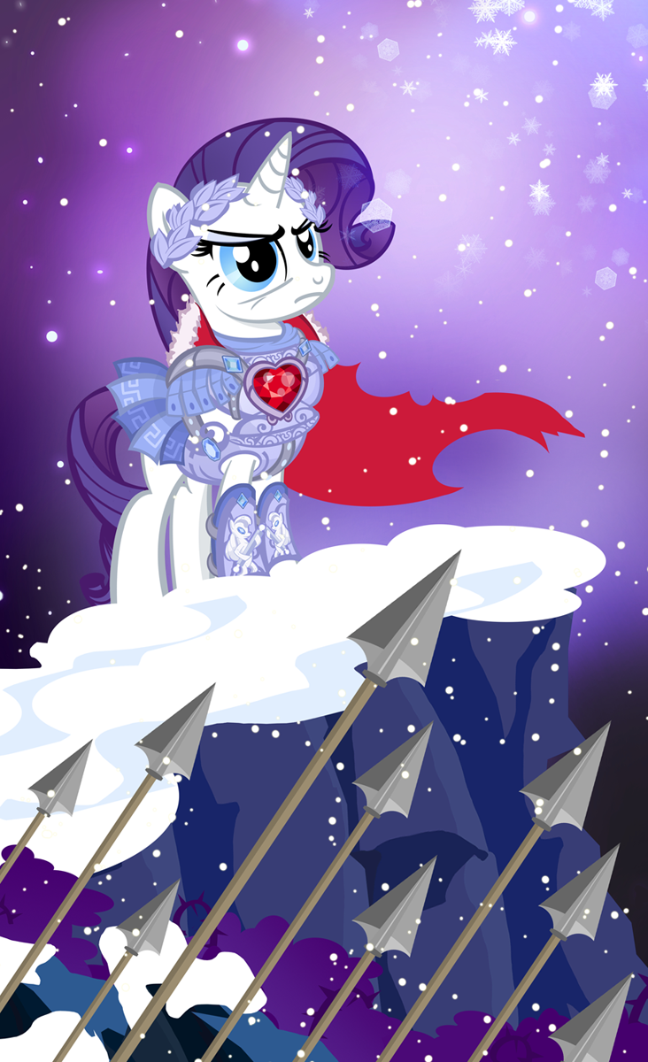 &hearts; armor blue_eyes bush cape cliff equine female feral friendship_is_magic gem horn horse mammal my_little_pony pixelkitties polearm pony rarity_(mlp) snow snowing solo spear unicorn