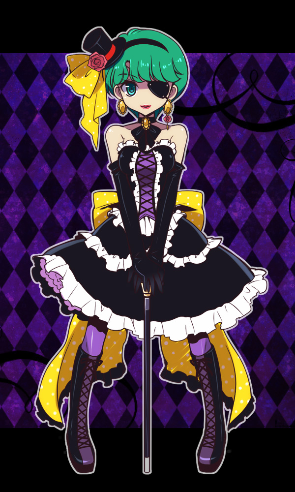 alternate_costume argyle argyle_background bare_shoulders black_dress black_gloves blue_eyes boots bow cane choker cross-laced_footwear dress earrings elbow_gloves eyepatch flower frills gloves gothic_lolita green_eyes green_hair hairband hat jewelry katsuma_rei kazuki_mai lace-up_boots lolita_fashion magical_emi mahou_no_star_magical_emi pantyhose pink_flower pink_rose purple_background purple_legwear ribbon rose short_hair smile solo top_hat very_short_hair