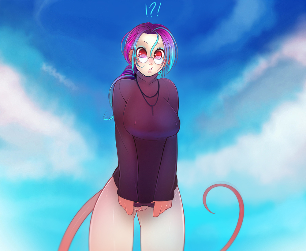 bottomless breasts clothed clothing covering cyan_hair eyewear female glasses hair half-dressed invalid_tag lace_(character) mammal multi-color_hair multi-colored_hair nude outside purple_hair pussy rat red_eyes rodent solo sweater tsampikos two_color_hair two_tone_hair