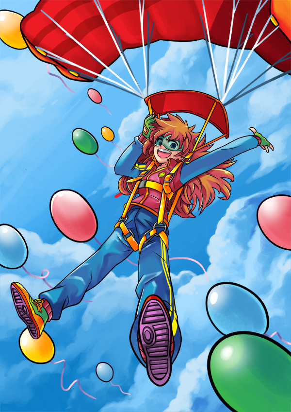 cloud colorful eyewear female fingerless_gloves friendship_is_magic gloves goggles gomigomipomi hair human humanization humanized mammal my_little_pony parachute pinkie_pie_(mlp) red_hair sapphire1010 sky sneakers vest
