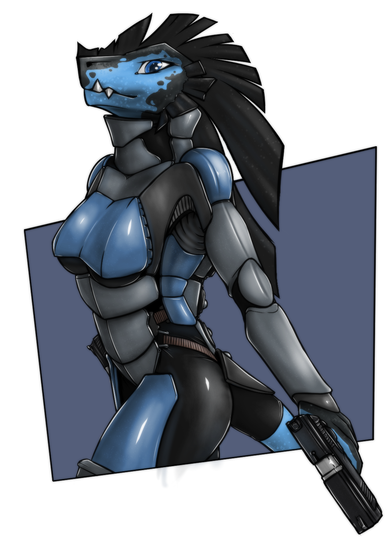 alpha_channel armor black black_body blue blue_eyes breasts butt chazcatrix dual_wield female gun hair lizard long_hair looking_at_viewer pistol plain_background ranged_weapon reptile scalie smile solo transparent_background weapon