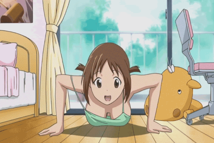 animated animated_gif bounce bouncing_breasts breasts brown_hair cleavage down_blouse downblouse exercise hinako_(issho_ni_training) issho_ni_training jiggle large_breasts no_bra off_shoulder push_up strap_slip tank_top teenage training_with_hinako