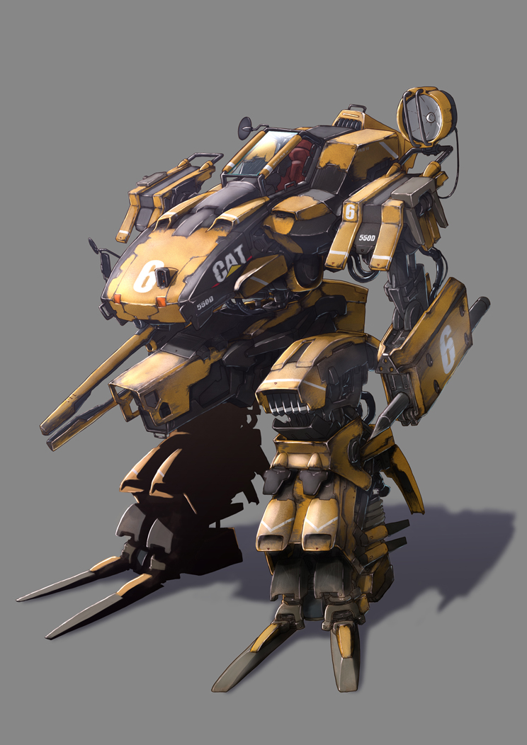 bad_pixiv_id caterpillar_(company) grey_background mecha mechanization mistyxxx5 no_humans original science_fiction searchlight shadow standing