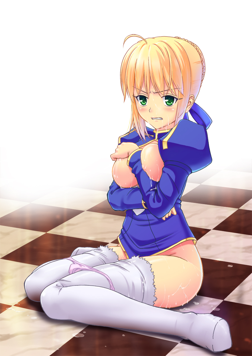 after_sex ahoge artoria_pendragon_(all) blonde_hair blush breasts checkered checkered_floor cum fate/zero fate_(series) green_eyes hair_ribbon highres marukorondo medium_breasts open_clothes panties panty_pull pink_panties ribbon saber sitting solo thighhighs torn_clothes torn_legwear underwear