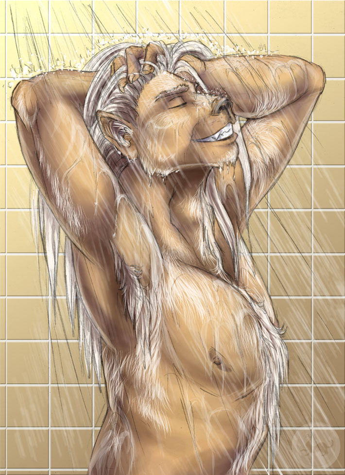 fur male mammal sabretoothed_ermine shower shower_time transformation were werewolf