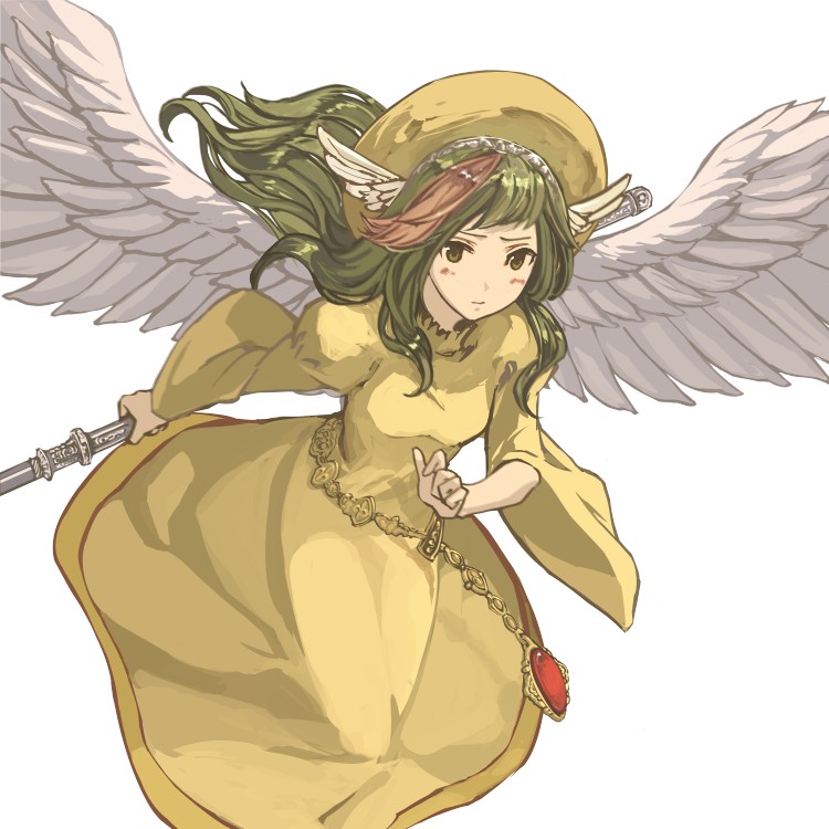 angel_wings bad_id bad_pixiv_id blush dress elona goddess harusame_(rueken) hat jure_of_healing solo staff wings yellow