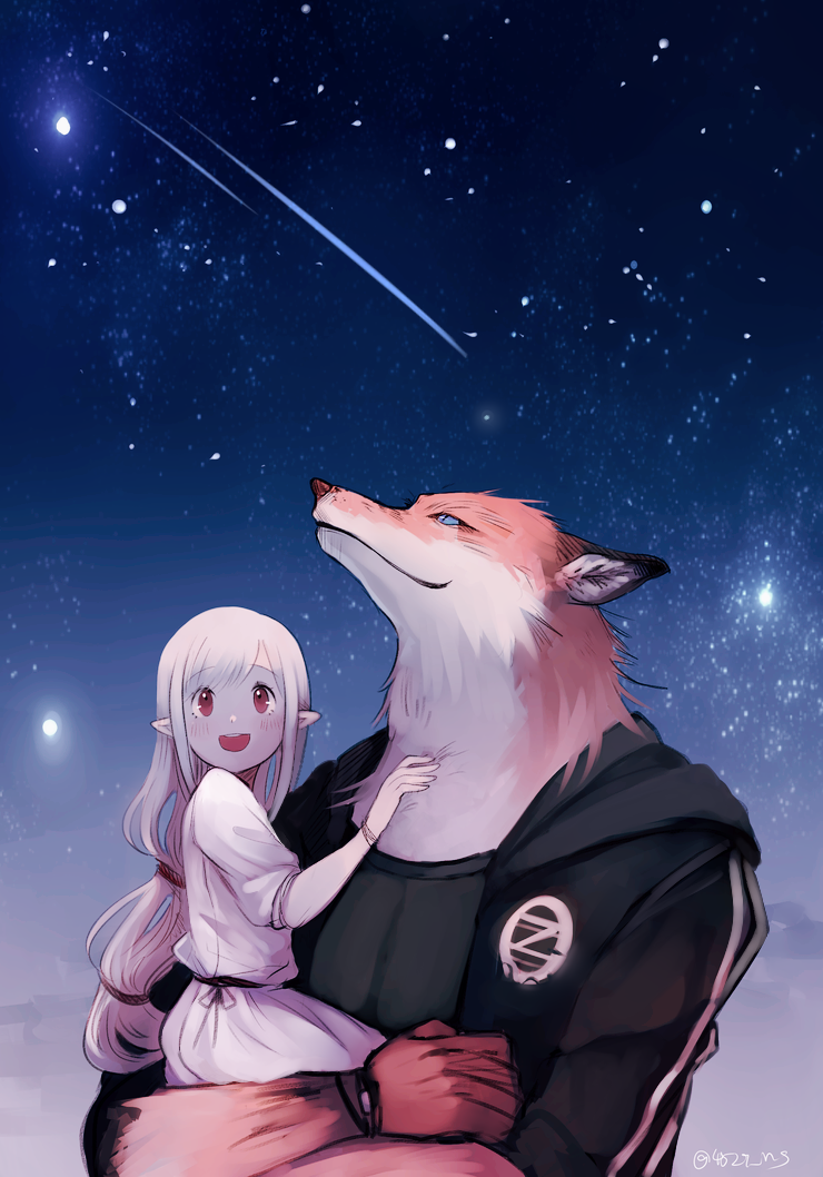 2018 anthro blue_eyes blush canine child clothed clothing duo elf female fox fur hair holding_character humanoid looking_up male mammal multicolored_fur night open_mouth orange_fur outside pointy_ears red_eyes ropang shooting_stars size_difference sky smile star white_fur white_hair young