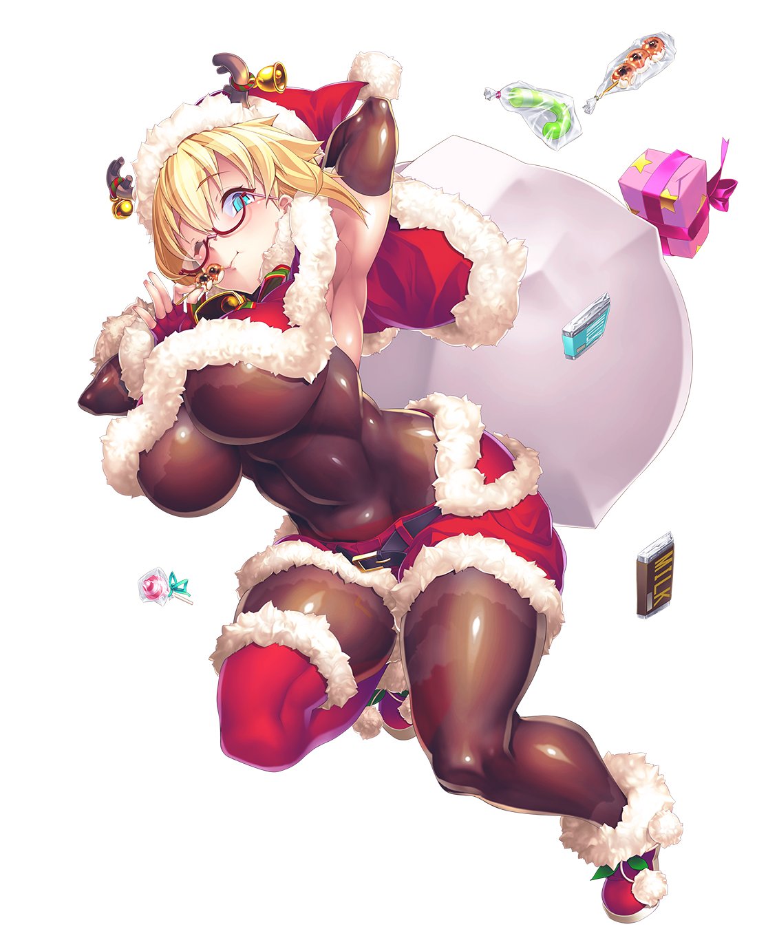 1girl blonde_hair blue_eyes blush breasts candy chocolate christmas curvy female food glasses hat huge_breasts lilith-soft looking_at_viewer potion_(moudamepo) santa_hat shinohara_mari shiny shiny_skin short_hair simple_background solo taimanin_(series) taimanin_asagi taimanin_rpgx white_background