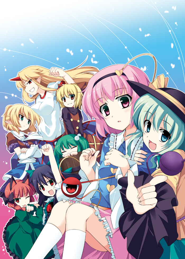 :d animal_ears arm_cannon arm_up blonde_hair blue_eyes bow brown_eyes bucket cat_ears closed_eyes crossed_arms detached_sleeves everyone fujy green_eyes green_hair grin hair_bobbles hair_bow hair_ornament hairband hat heart horn hoshiguma_yuugi in_bucket in_container kaenbyou_rin kisume komeiji_koishi komeiji_satori kurodani_yamame long_hair looking_at_viewer mizuhashi_parsee multiple_girls one_eye_closed open_mouth outline pink_hair pointing pointy_ears red_eyes red_hair reiuji_utsuho short_hair smile subterranean_animism third_eye tongue tongue_out touhou twintails weapon
