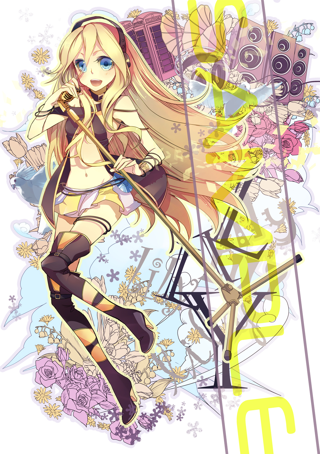 bad_id bad_pixiv_id blonde_hair blue_eyes boots flower headphones highres lily_(vocaloid) long_hair microphone microphone_stand midriff miniskirt navel nicohi phonograph sample skirt smile solo speaker thigh_boots thighhighs very_long_hair vocaloid zettai_ryouiki