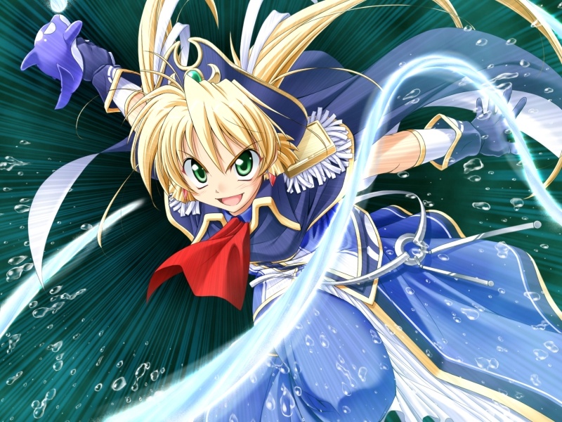 :d angry ascot belt blonde_hair dress fighting_stance game_cg gloves green_eyes hair_ribbon hat jewelry leaning_forward liliana_lun_lun_guenther long_hair motion_blur naughty_face open_mouth outstretched_arms pirate princess_waltz ribbon running smile solo spread_arms takeya_masami twintails very_long_hair water water_gun whale