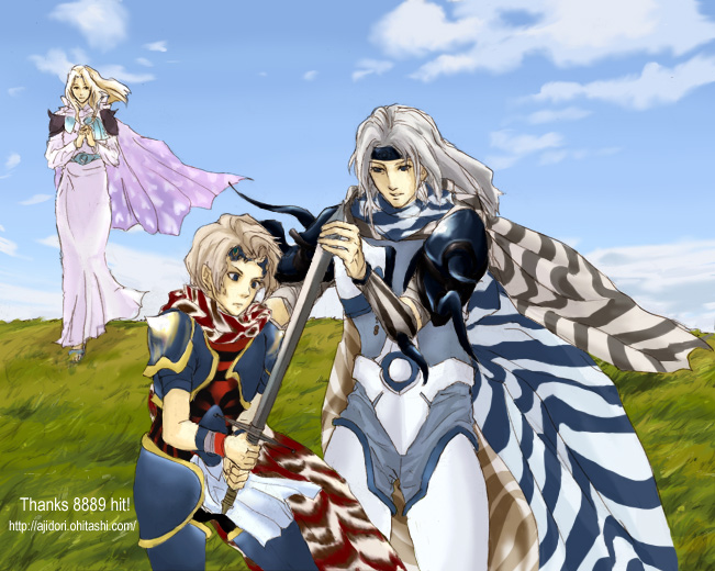 2girls artist_request blonde_hair cecil_harvey ceodore_harvey family final_fantasy final_fantasy_iv final_fantasy_iv_the_after hits multiple_girls rosa_farrell sword weapon white_hair