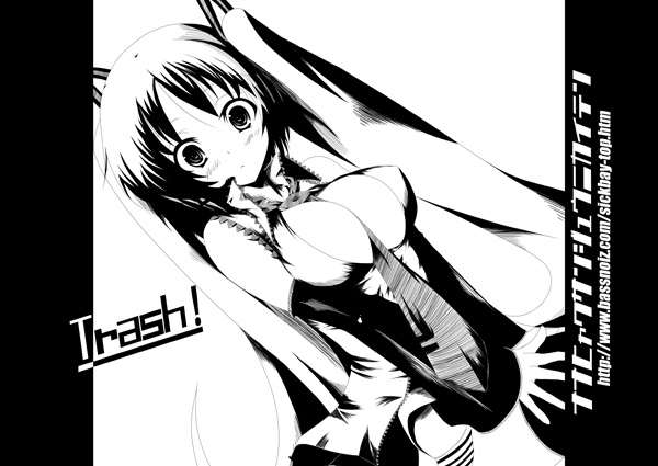 between_breasts breasts greyscale hatsune_miku high_contrast long_hair monochrome nana_(artist) necktie open_clothes open_shirt panties shirt solo striped striped_panties twintails underwear vocaloid