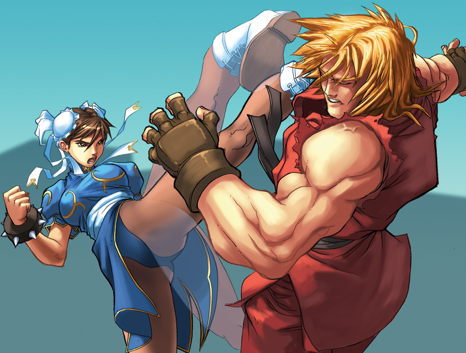 1girl battle blonde_hair bracelet brown_hair bun_cover china_dress chinese_clothes chun-li closed_eyes double_bun dress duel gloves jewelry ken_masters kicking muscle non-web_source pantyhose pelvic_curtain sash spiked_bracelet spikes street_fighter
