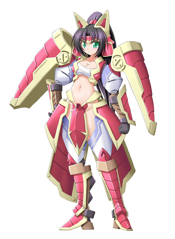 :| angry arm_at_side armor armored_boots bangs black_gloves black_hair blush boots breastplate breasts cleavage clenched_hand closed_mouth collarbone dysnomia_exburst faulds forehead_protector full_body gloves greaves green_eyes groin hand_on_hip headgear high_heel_boots high_heels high_ponytail highleg linavulgar long_hair long_ponytail matatabi_(2ccp) medium_breasts midriff official_art open_clothes parted_bangs pauldrons pelvic_curtain ponytail sarashi screw simple_background solo standing straight_hair underboob v-shaped_eyebrows vambraces very_long_hair white_background