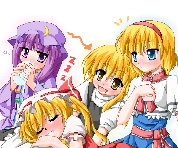 4girls alice_margatroid ascot bangs blonde_hair blue_eyes blush capelet closed_eyes crescent crescent_moon_pin cup directional_arrow drinking drinking_glass drunk eyebrows eyebrows_visible_through_hair flandre_scarlet frilled_pillow frills hairband harem hat hat_ribbon kirisame_marisa long_hair long_sleeves multiple_girls open_mouth patchouli_knowledge pillow purple_eyes purple_hair ribbon sash short_hair short_sleeves sleeping smile telya touhou wide_sleeves yellow_eyes zzz