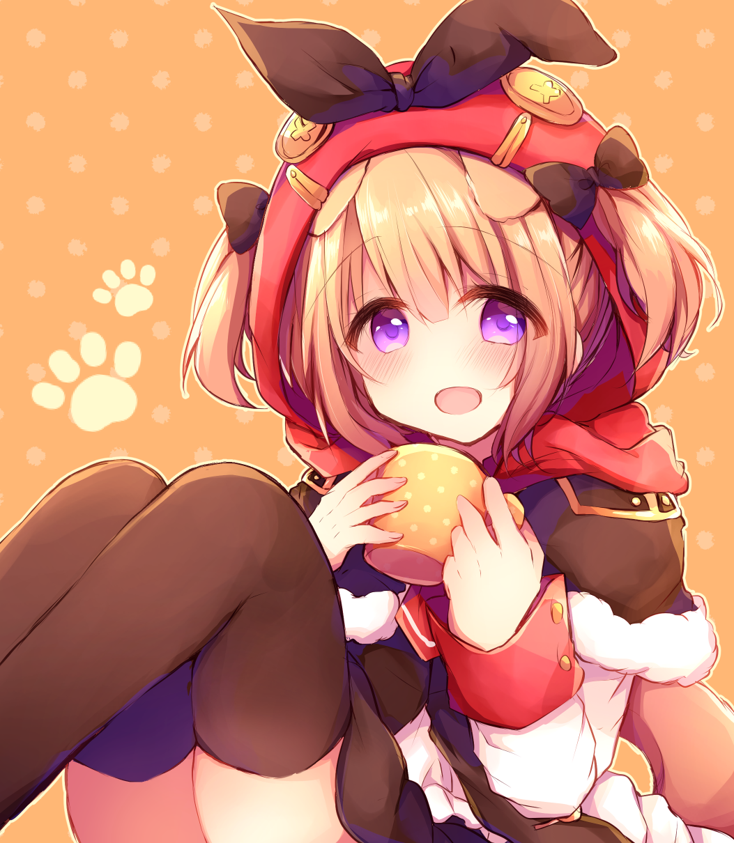 :d animal_ears azur_lane bangs black_bow black_ribbon blush bow brown_capelet brown_legwear brown_skirt capelet commentary_request cup dog_ears eyebrows_visible_through_hair fur-trimmed_capelet fur_trim hair_between_eyes hair_bow hair_through_headwear haru_ichigo head_tilt highres holding holding_cup hood hood_up light_brown_hair long_sleeves mug norfolk_(azur_lane) open_mouth orange_background purple_eyes ribbon shirt skirt sleeves_past_wrists smile solo thighhighs two_side_up white_shirt