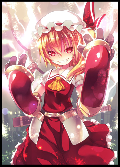 adapted_costume armor armored_dress ascot bad_id bad_pixiv_id belt blonde_hair flandre_scarlet frame gauntlets gloves glowing glowing_wings grin hat hat_ribbon kiira looking_at_viewer red_eyes ribbon side_ponytail smile solo sword touhou weapon wings