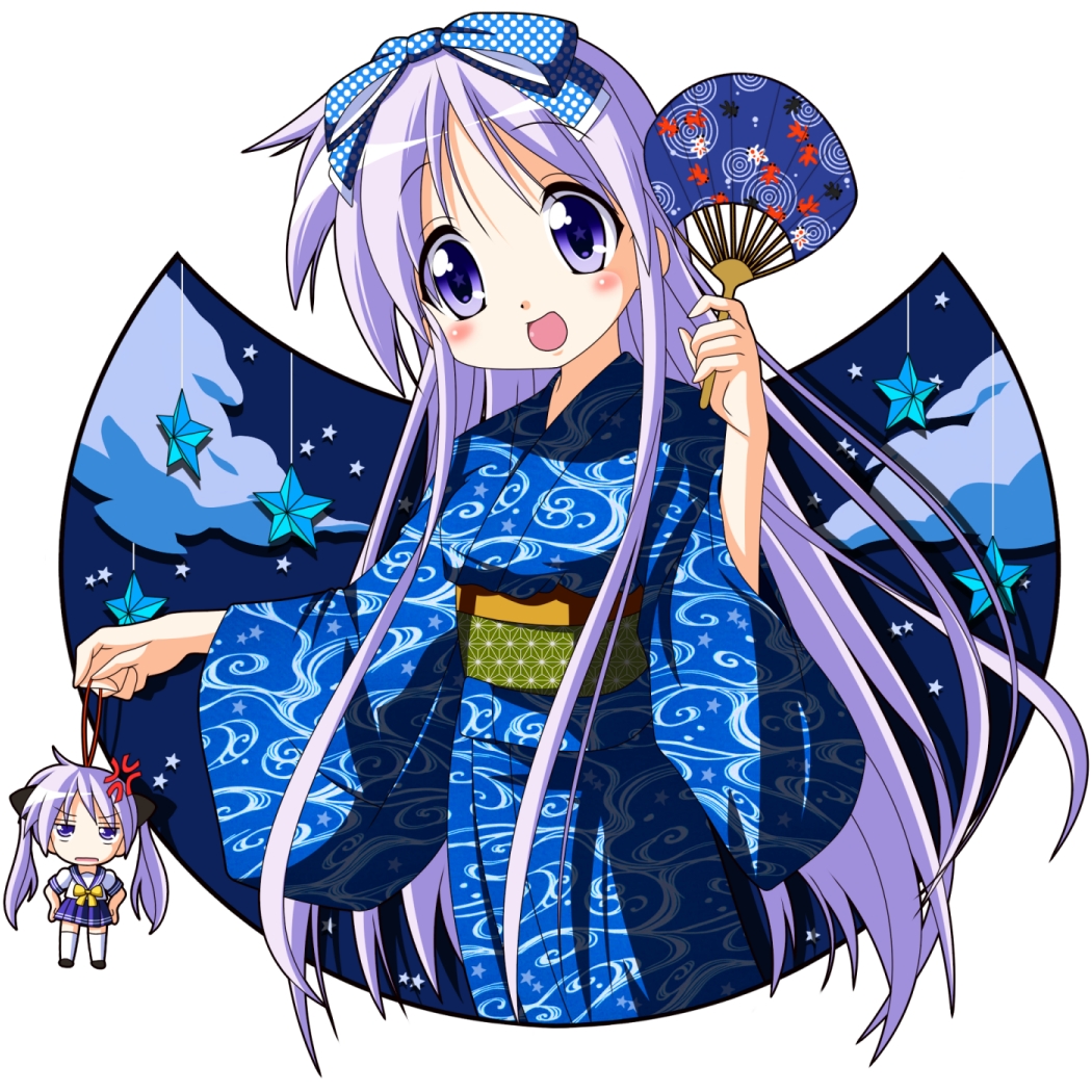alternate_hairstyle doll fan hiiragi_kagami hiiragi_tsukasa japanese_clothes kimono long_hair lucky_star multiple_girls paper_fan purple_eyes purple_hair rindou_(awoshakushi) uchiwa yukata