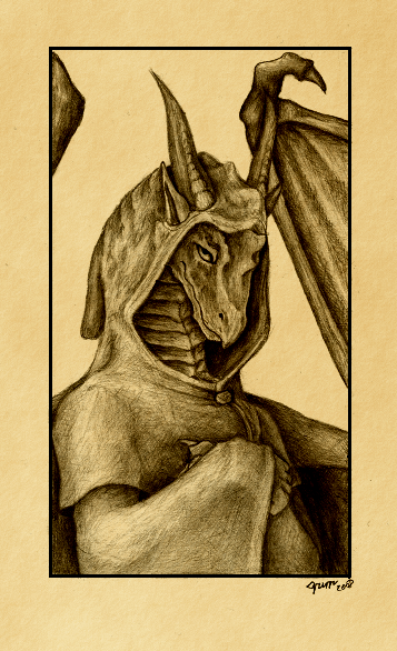 ambiguous_gender claws cloak dragon horn monochrome pointy_ears portrait qzurr scales scalie smile solo wings yinepu