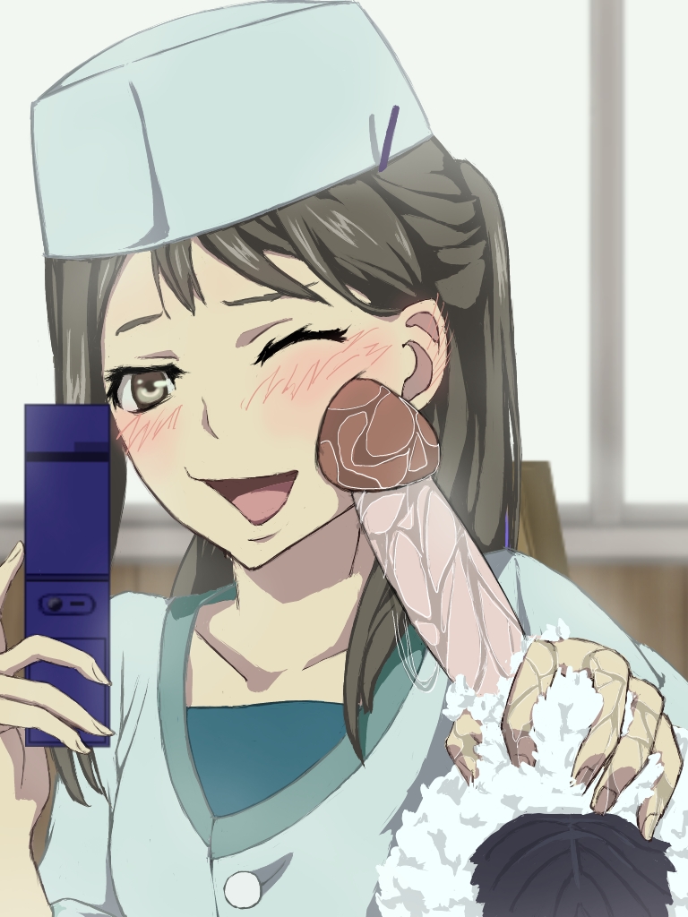 1girl black_hair brown_eyes cellphone dom dom_(jiromike2000) hanasaku_iroha hands heart jiromike2000 long_hair mirror nyarimia phone self_shot tsurugi_minko