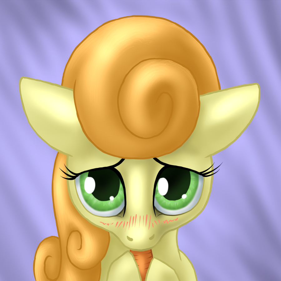 arrkhal blush carrot carrot_top_(mlp) eating equine female feral friendship_is_magic golden_harvest_(mlp) green_eyes hair horse looking_at_viewer mammal my_little_pony orange_hair pony solo yellow_body