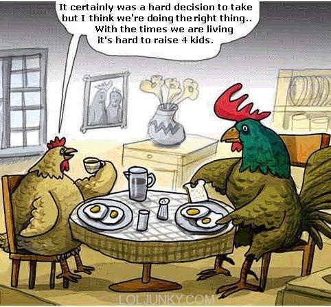 bird breakfast cannibal cannibalism chairs chicken dark_humor egg english_text hen humor picture_frame plates rooster table text unknown_artist vore window